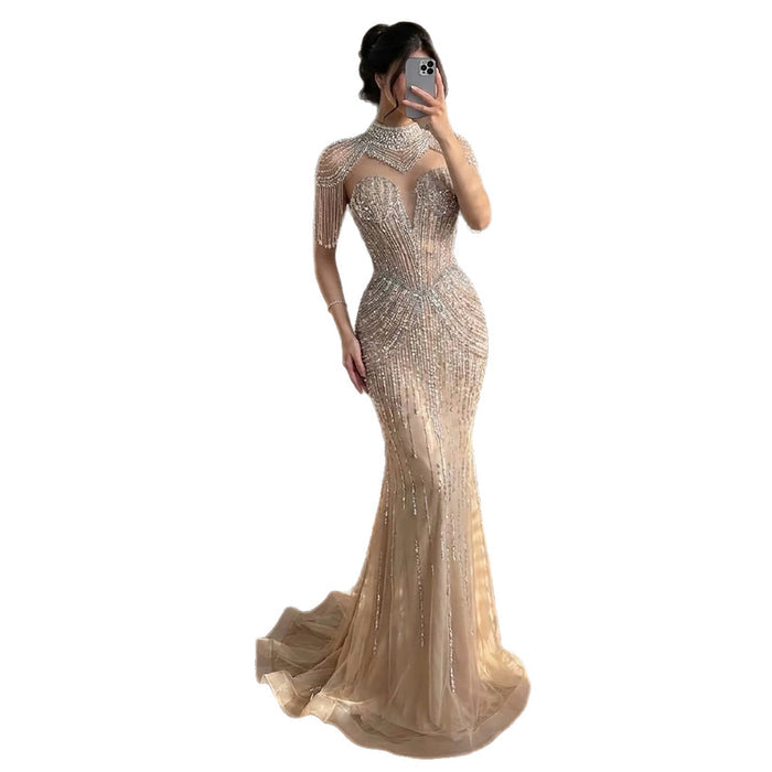 Luxury Nude High Neck Beaded Tassel Mermaid Evening Dress LA73183A SERENE HILL
