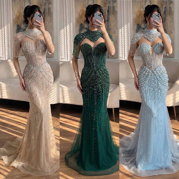 Luxury Nude High Neck Beaded Tassel Mermaid Evening Dress LA73183A SERENE HILL