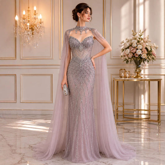 Luxury Nude High Neck Crystal Beaded Cape Sleeves Mermaid Dress LA73908 SERENE HILL