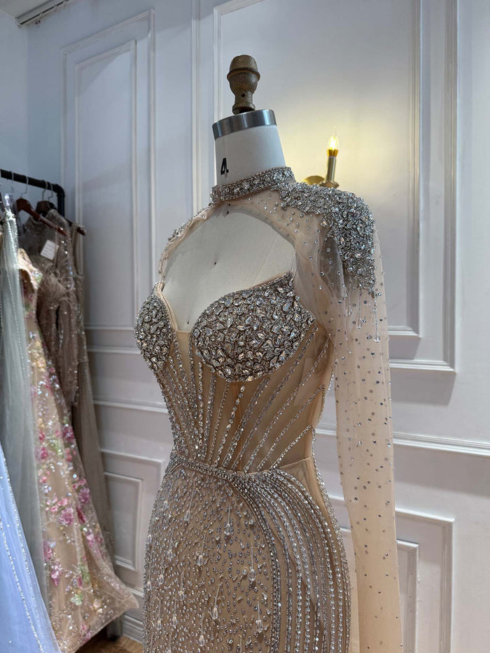 Luxury Nude High Neck Crystal Beaded Mermaid Cape Sleeves LA73911 SERENE HILL