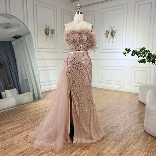 Luxury Nude Mermaid Evening Dress Overskirt Feather Beaded Split LA72311 - SERENE HILL