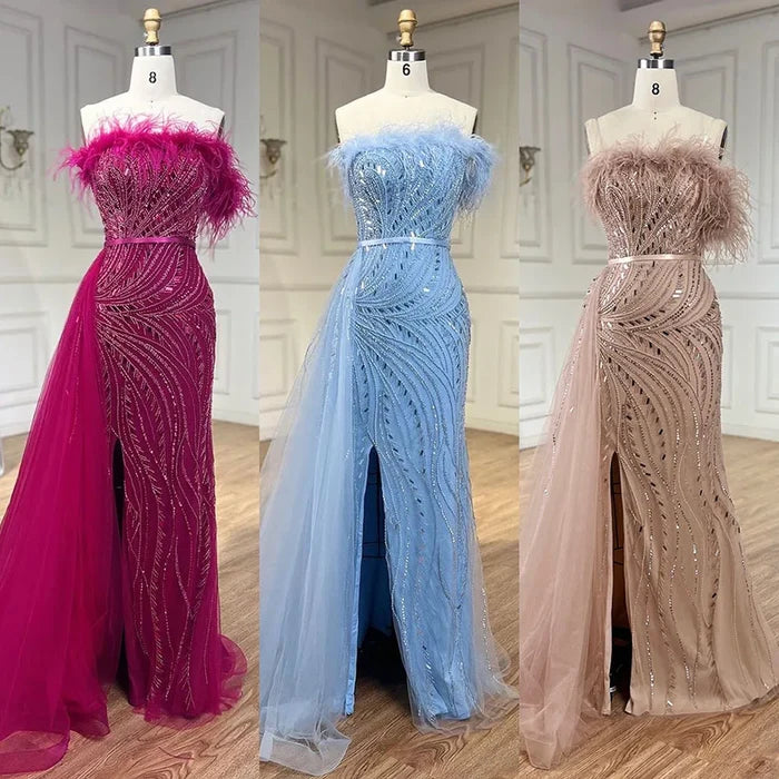 Luxury Nude Mermaid Evening Dress Overskirt Feather Beaded Split LA72311 - SERENE HILL