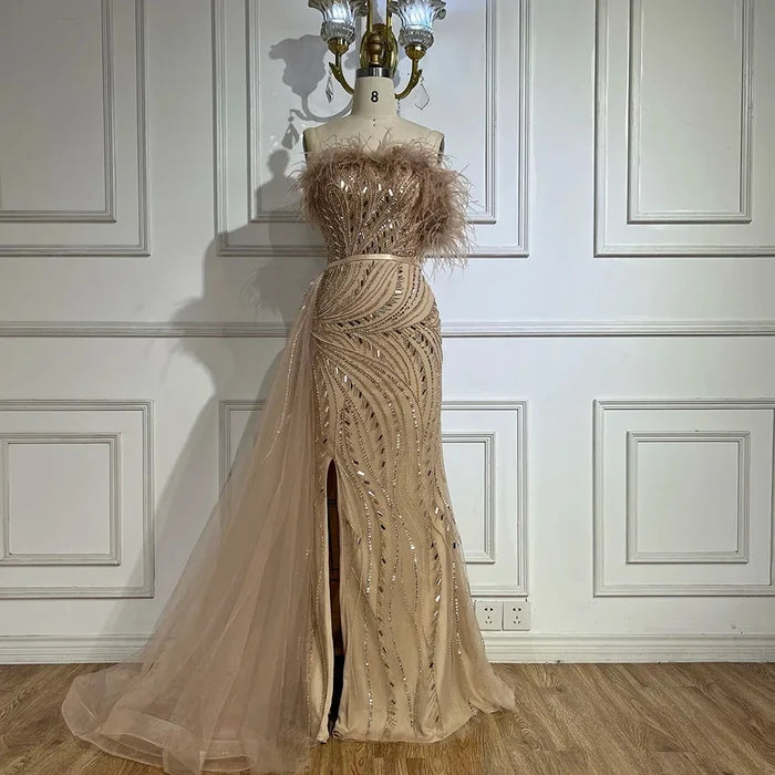 Luxury Nude Mermaid Evening Dress Overskirt Feather Beaded Split LA72311 - SERENE HILL