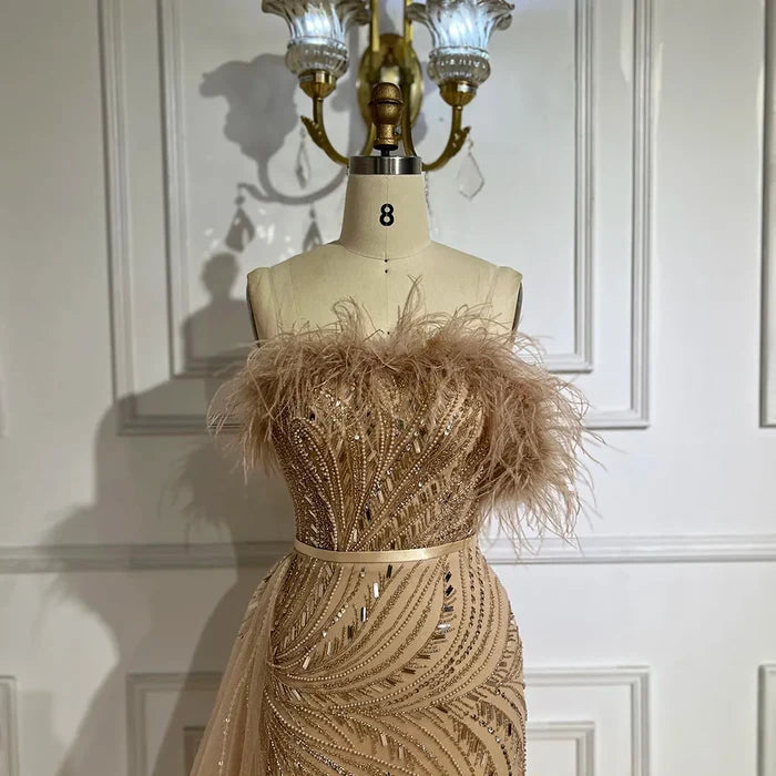 Luxury Nude Mermaid Evening Dress Overskirt Feather Beaded Split LA72311 - SERENE HILL