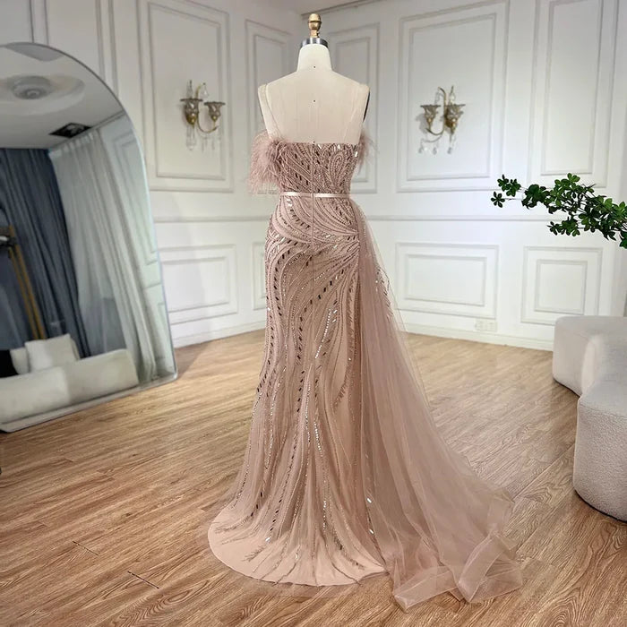 Luxury Nude Mermaid Evening Dress Overskirt Feather Beaded Split LA72311 - SERENE HILL