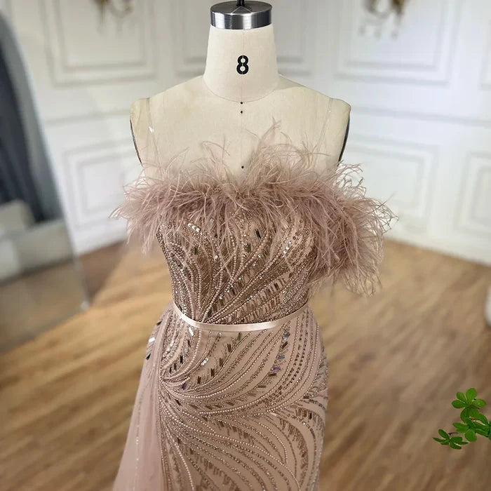 Luxury Nude Mermaid Evening Dress Overskirt Feather Beaded Split LA72311 - SERENE HILL