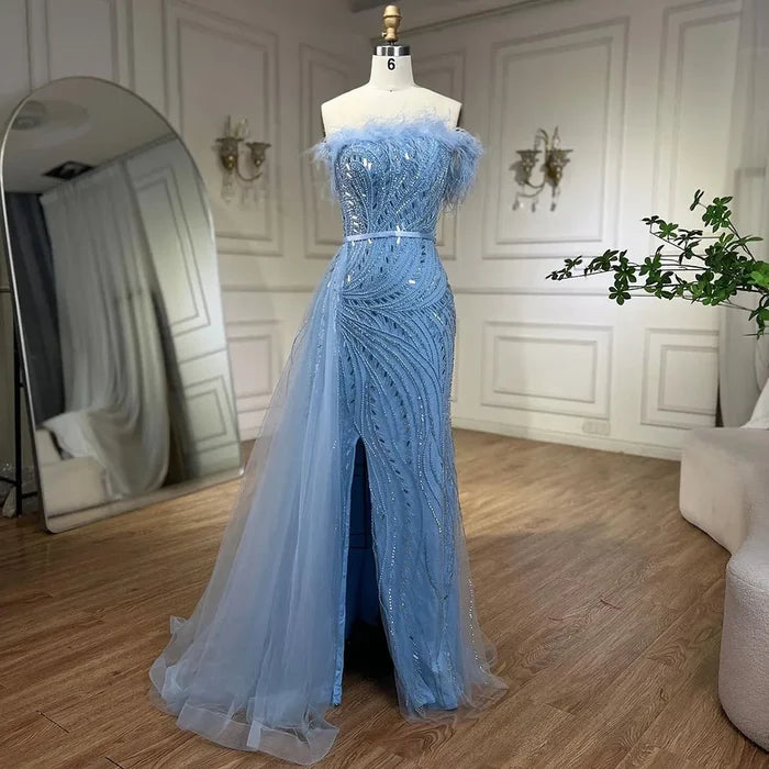 Luxury Nude Mermaid Evening Dress Overskirt Feather Beaded Split LA72311 - SERENE HILL