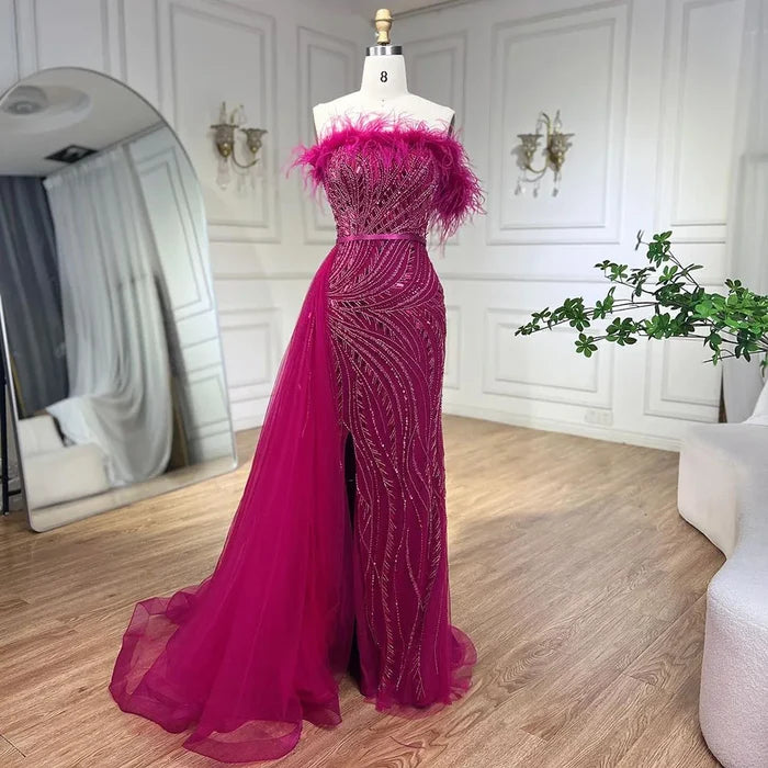Luxury Nude Mermaid Evening Dress Overskirt Feather Beaded Split LA72311 - SERENE HILL