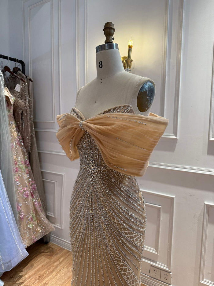 Luxury Nude Off Shoulder Crystal Beaded Mermaid Evening Dress LA73910 SERENE HILL