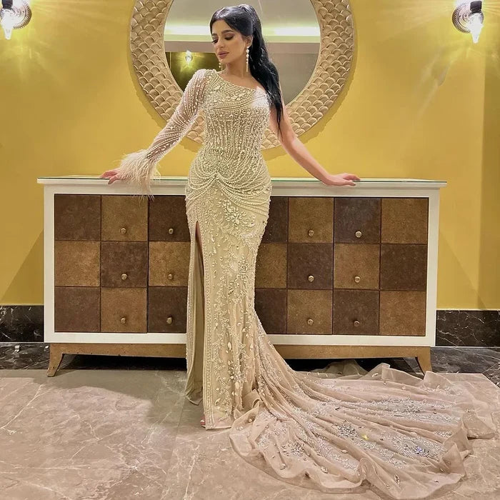 Luxury Nude One Shoulder Beaded Feather Mermaid Evening Dress LA72353 - SERENE HILL