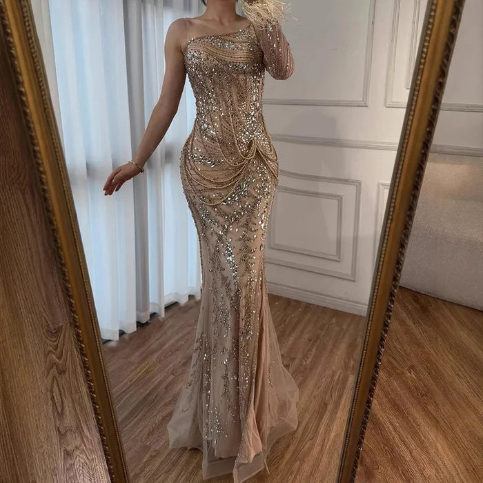 Luxury Nude One Shoulder Beaded Feather Mermaid Evening Dress LA72353 - SERENE HILL