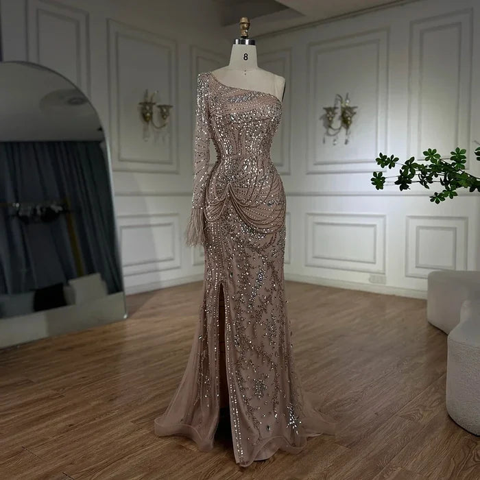 Luxury Nude One Shoulder Beaded Feather Mermaid Evening Dress LA72353 - SERENE HILL