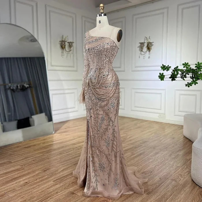 Luxury Nude One Shoulder Beaded Feather Mermaid Evening Dress LA72353 - SERENE HILL