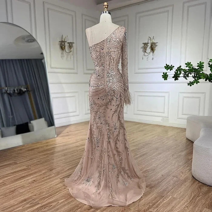Luxury Nude One Shoulder Beaded Feather Mermaid Evening Dress LA72353 - SERENE HILL