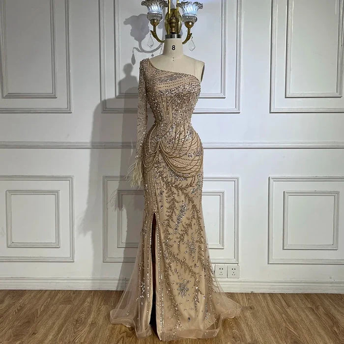 Luxury Nude One Shoulder Beaded Feather Mermaid Evening Dress LA72353 - SERENE HILL