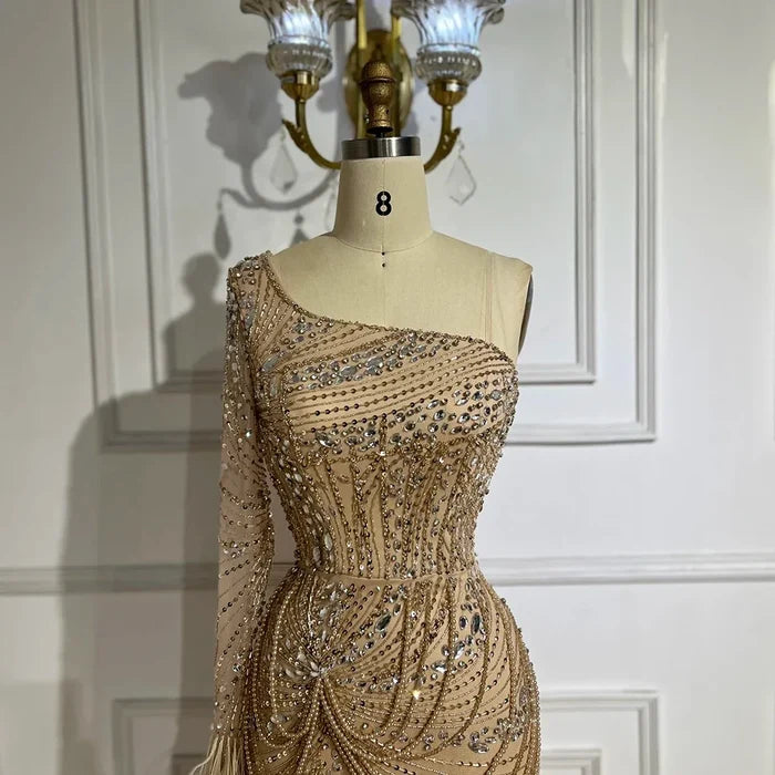 Luxury Nude One Shoulder Beaded Feather Mermaid Evening Dress LA72353 - SERENE HILL
