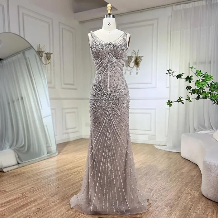 Luxury Nude Pearl Beaded Mermaid Evening Dress with Spaghetti Straps LA72356 - SERENE HILL