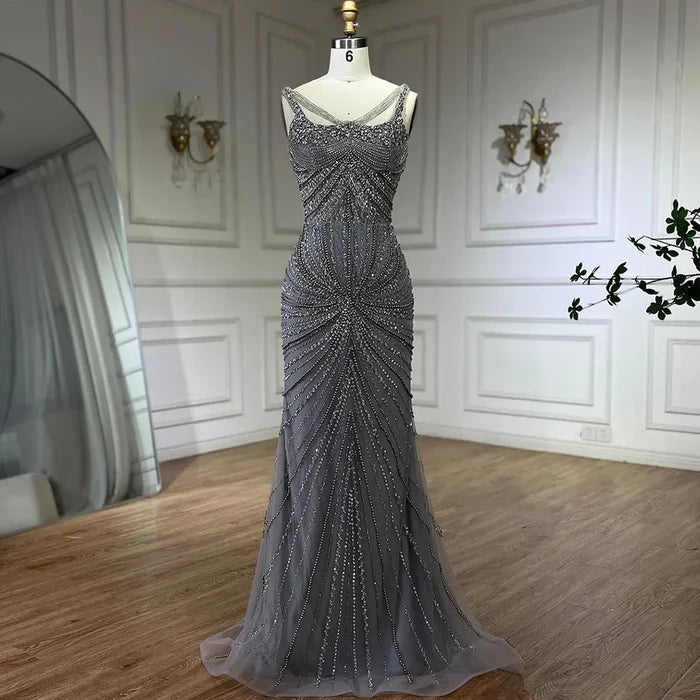 Luxury Nude Pearl Beaded Mermaid Evening Dress with Spaghetti Straps LA72356 - SERENE HILL