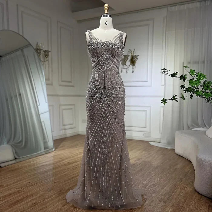 Luxury Nude Pearl Beaded Mermaid Evening Dress with Spaghetti Straps LA72356 - SERENE HILL