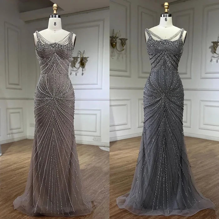 Luxury Nude Pearl Beaded Mermaid Evening Dress with Spaghetti Straps LA72356 - SERENE HILL