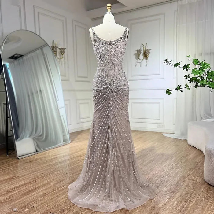 Luxury Nude Pearl Beaded Mermaid Evening Dress with Spaghetti Straps LA72356 - SERENE HILL