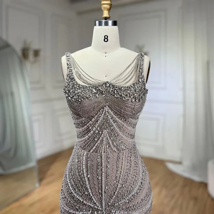 Luxury Nude Pearl Beaded Mermaid Evening Dress with Spaghetti Straps LA72356 - SERENE HILL