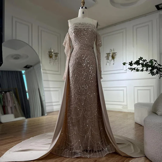 Luxury Nude Pearls Beaded Mermaid Evening Gown with Overskirt LA72160B - SERENE HILL