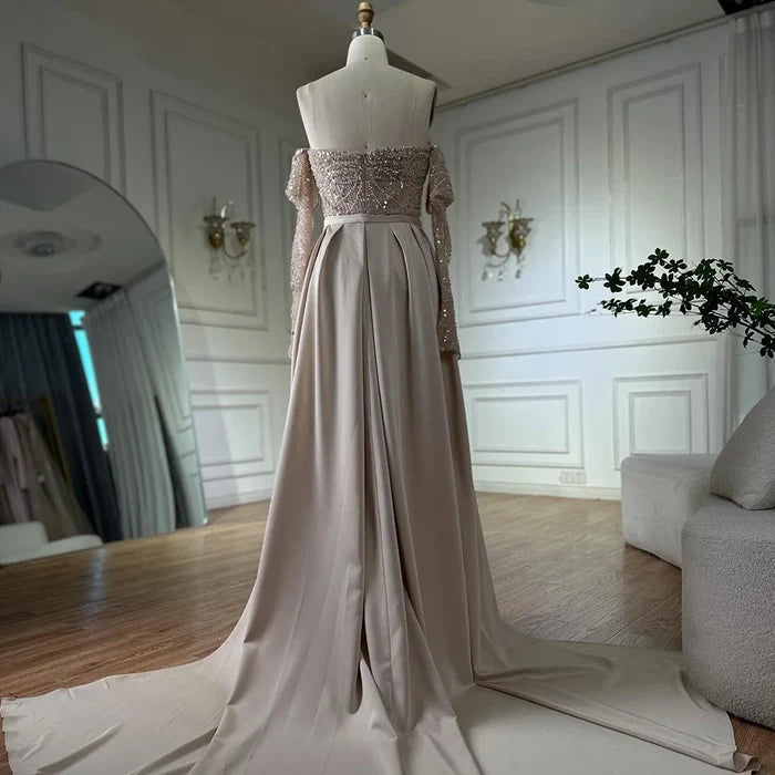 Luxury Nude Pearls Beaded Mermaid Evening Gown with Overskirt LA72160B - SERENE HILL