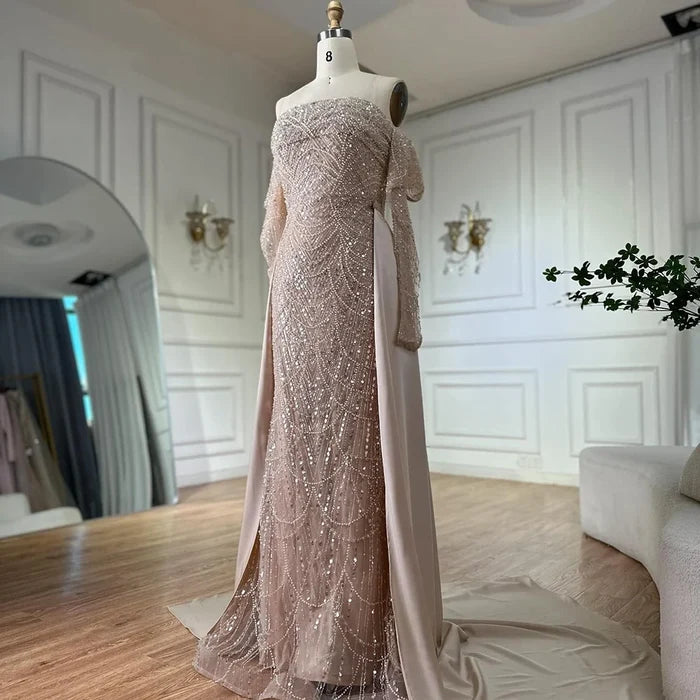 Luxury Nude Pearls Beaded Mermaid Evening Gown with Overskirt LA72160B - SERENE HILL