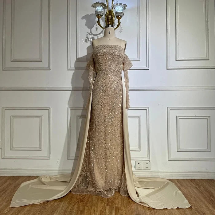 Luxury Nude Pearls Beaded Mermaid Evening Gown with Overskirt LA72160B - SERENE HILL