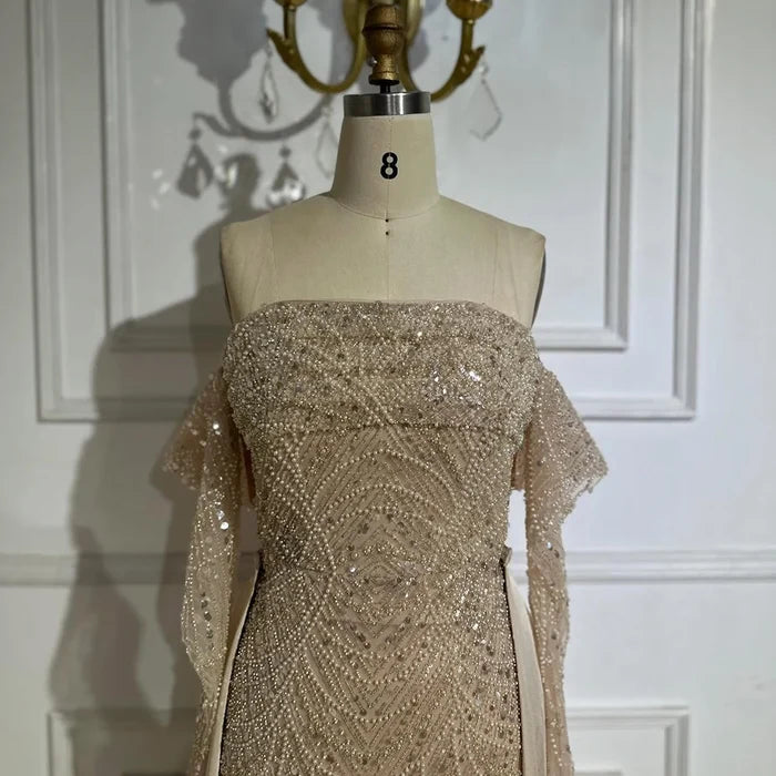 Luxury Nude Pearls Beaded Mermaid Evening Gown with Overskirt LA72160B - SERENE HILL