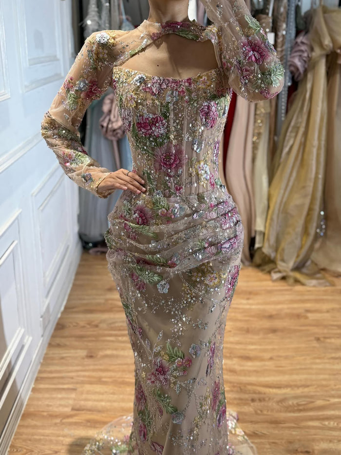 Luxury Nude Pink Beaded Long Sleeve Mermaid Evening Dress LA73552FF SERENE HILL