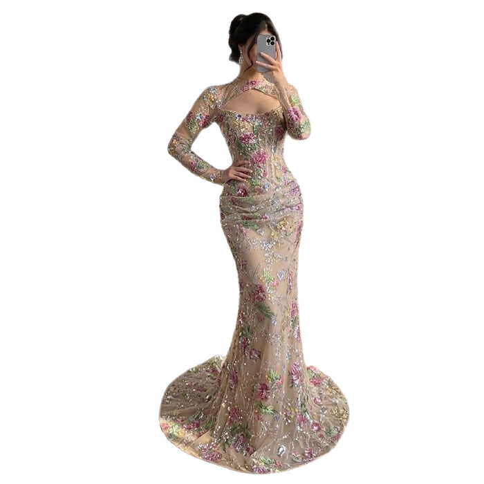 Luxury Nude Pink Beaded Long Sleeve Mermaid Evening Dress LA73552FF SERENE HILL