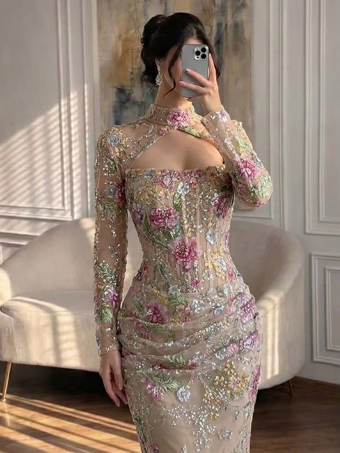 Luxury Nude Pink Beaded Long Sleeve Mermaid Evening Dress LA73552FF SERENE HILL