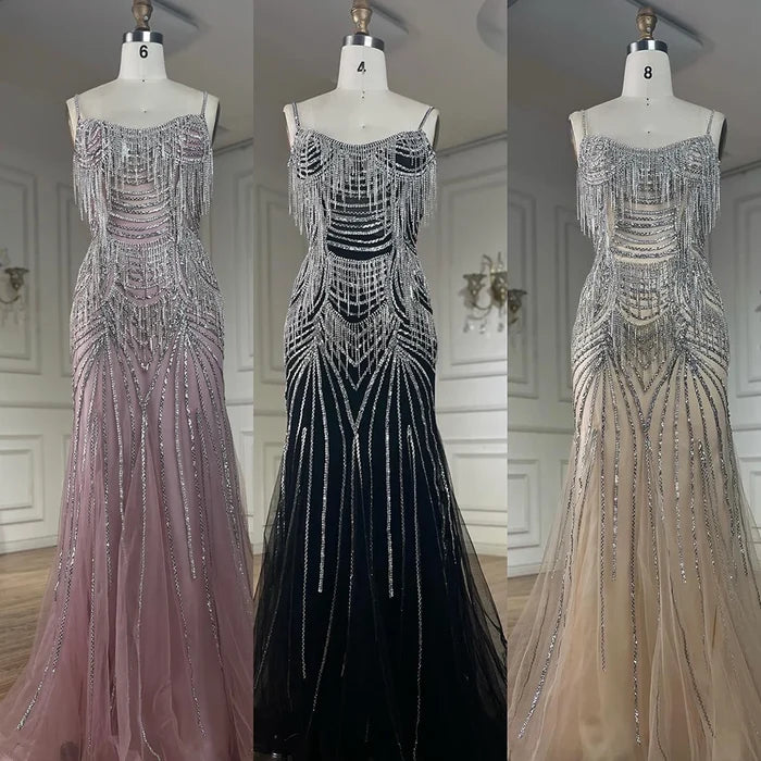 Luxury Nude Pink Crystal Tassel Mermaid Evening Dress LA72772 - SERENE HILL