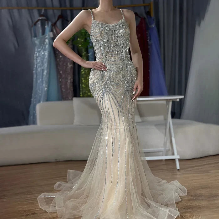 Luxury Nude Pink Crystal Tassel Mermaid Evening Dress LA72772 - SERENE HILL
