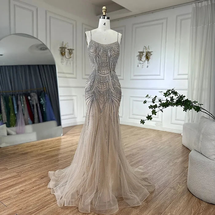 Luxury Nude Pink Crystal Tassel Mermaid Evening Dress LA72772 - SERENE HILL