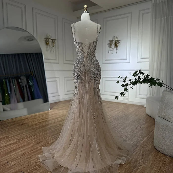 Luxury Nude Pink Crystal Tassel Mermaid Evening Dress LA72772 - SERENE HILL