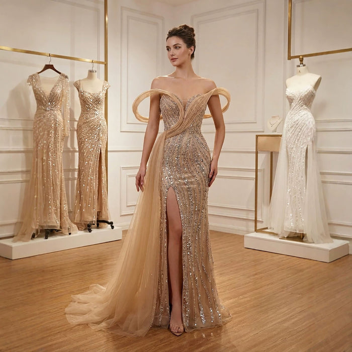 Luxury Nude Sequin Beaded Mermaid Dress With High Slit LA73914 SERENE HILL
