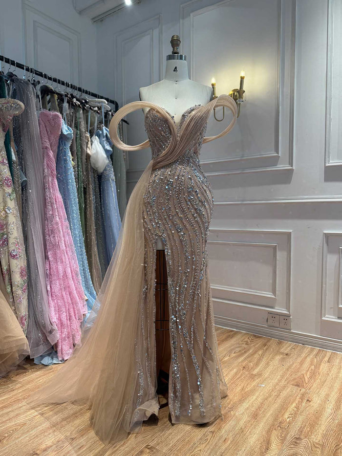 Luxury Nude Sequin Beaded Mermaid Dress With High Slit LA73914 SERENE HILL