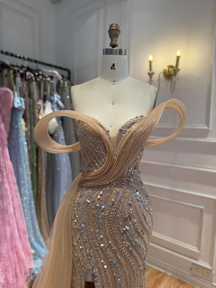 Luxury Nude Sequin Beaded Mermaid Dress With High Slit LA73914 SERENE HILL