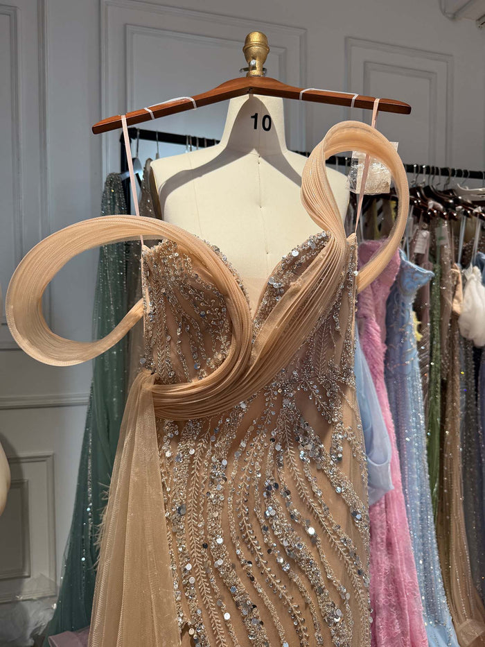 Luxury Nude Sequin Beaded Mermaid Dress With High Slit LA73914 SERENE HILL