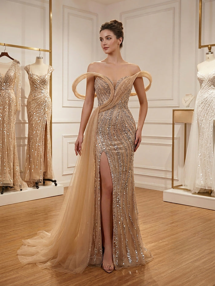 Luxury Nude Sequin Beaded Mermaid Dress With High Slit LA73914 SERENE HILL