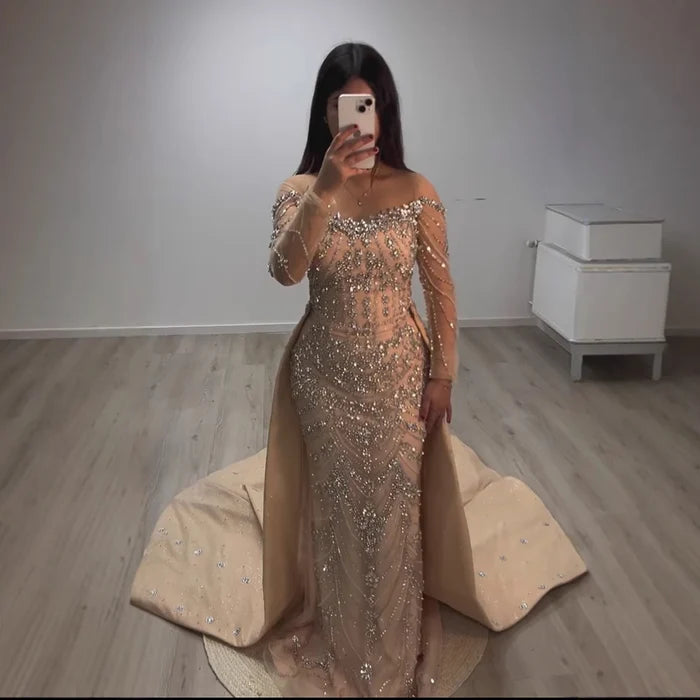 Luxury Off Shoulder Beaded Evening Dress with Long Sleeves and Train LA72930 - SERENE HILL