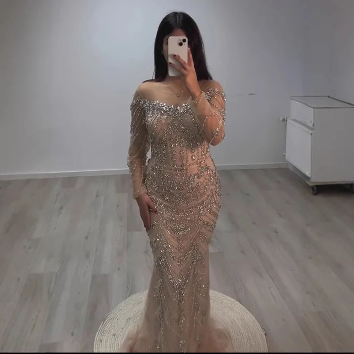 Luxury Off Shoulder Beaded Evening Dress with Long Sleeves and Train LA72930 - SERENE HILL