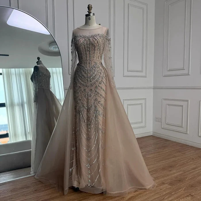 Luxury Off Shoulder Beaded Evening Dress with Long Sleeves and Train LA72930 - SERENE HILL