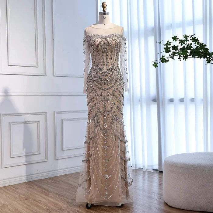 Luxury Off Shoulder Beaded Evening Dress with Long Sleeves and Train LA72930 - SERENE HILL