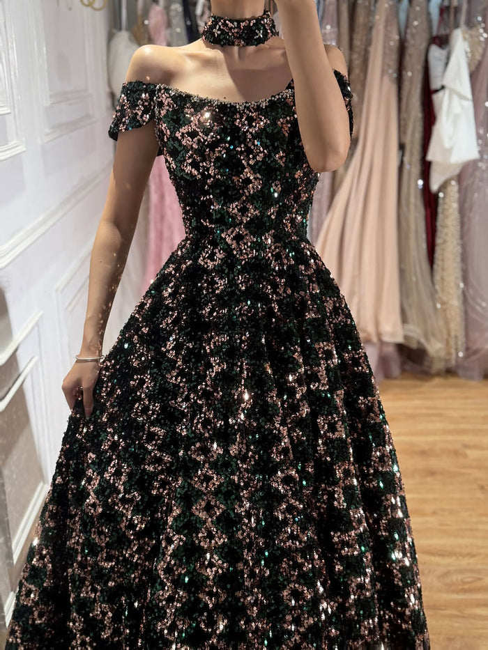 Luxury Off the Shoulder Sequined Beaded A Line Evening Dress LA73826 SERENE HILL