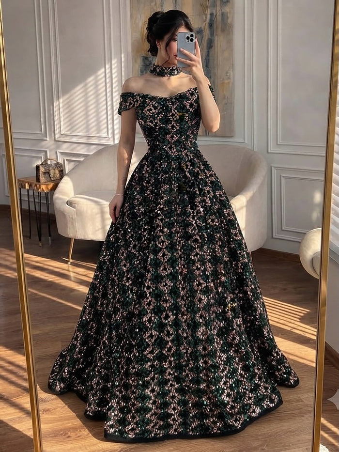 Luxury Off the Shoulder Sequined Beaded A Line Evening Dress LA73826 SERENE HILL