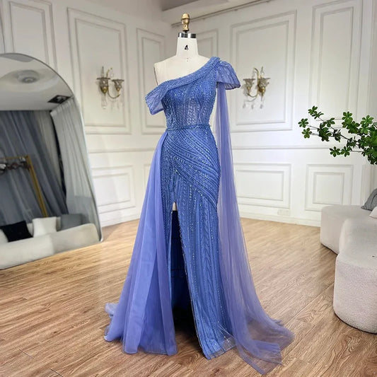 Luxury One Shoulder Blue Evening Dress with Overskirt LA72596 - SERENE HILL